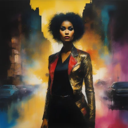 Charcoal and paint, impressionistic bidimensional a biracial goth girl, dressed in vibrant colours instead of black, superhero action pose. Glowing magics encircle her. (Full body), watercolor (monet:1.2) dadaistic collage (by Bill Sienkiewicz:1.5), night city. Beautiful face. resplendent spotlight effect, alcohol and gold leaf highlights. Very detailed.