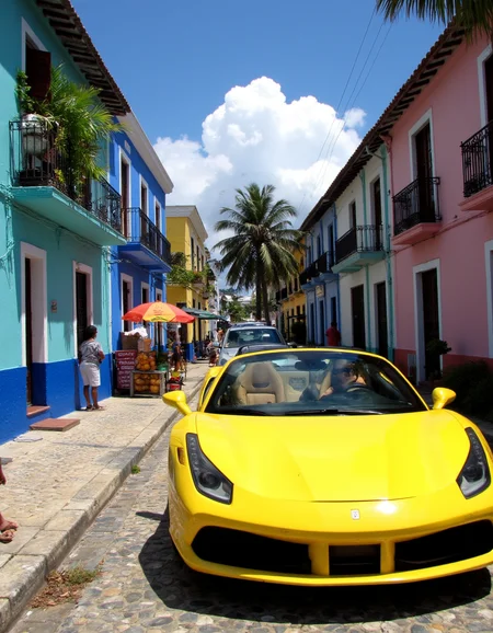 <lora:amateurphoto-6version:1> Amateur photography of               , on flickr in 2007, 2005 blog, 2007 blog
A realistic photograph of a vibrant Caribbean town during midday, featuring colorful colonial-style buildings painted in bright shades of blue, pink, yellow, and turquoise. The buildings have wooden shutters, wrought iron balconies, and lush greenery spilling from window boxes. The narrow, sunlit cobblestone street is bustling with local activity, with pedestrians walking along the sidewalks, street vendors selling fresh fruit, and children playing near the storefronts.
A bright yellow Ferrari 488 Spider with a sleek aerodynamic design and glossy paint reflects the strong tropical sunlight as it cruises through the street. The Ferrari's black rims, tinted windows, and distinctive prancing horse emblem stand out against the historic architecture. Sunlight casts dramatic shadows on the textured walls, and a clear blue sky with a few fluffy white clouds stretches above. Palm trees sway gently in the warm breeze, framing the scene.
tourist driving behind the wheel, wearing sunglasses, driving the car,