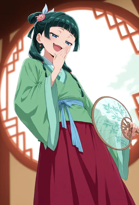 1girl, maomao \(kusuriya no hitorigoto\), hanfu, blue eyes, long hair, green hair, hanfu, hair flower, long sleeves, wide sleeves, sash, earrings, hair beads, dress, multi-tied hair, blunt bangs, looking down to the side, ojou-sama pose, smug, laughing, holding fan to own mouth, tuanshan, transparent fan, hand on hip, standing, dutch angle, from below, east asian architecture, round window, lattice, depth of field, lazypos