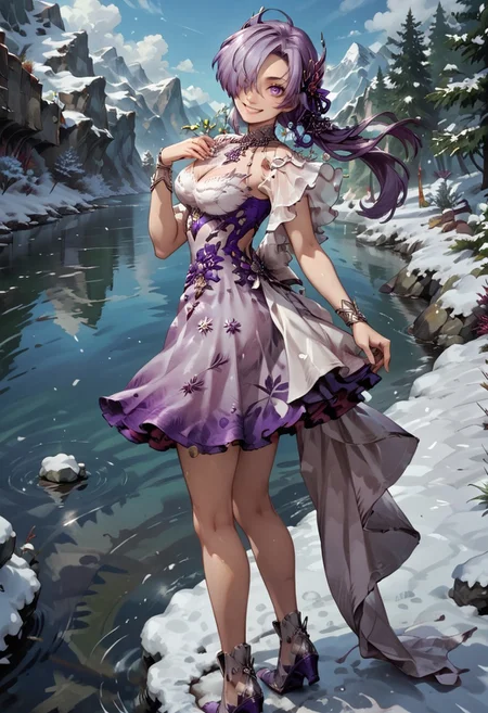 safe_pos, score_9, score_8_up, score_7_up,masterpiece,perfect face,high quality,highly detailed,perfect eyes,perfect face, nose, high quality, source anime,outside, on ice,1girl, solo, hair over one eye ,purple iris, breasts ,long hair, hair ornament, full body ,looking at viewer, shoes, winterlynx, dress, piece of cloth, frosen lake, smile, snow