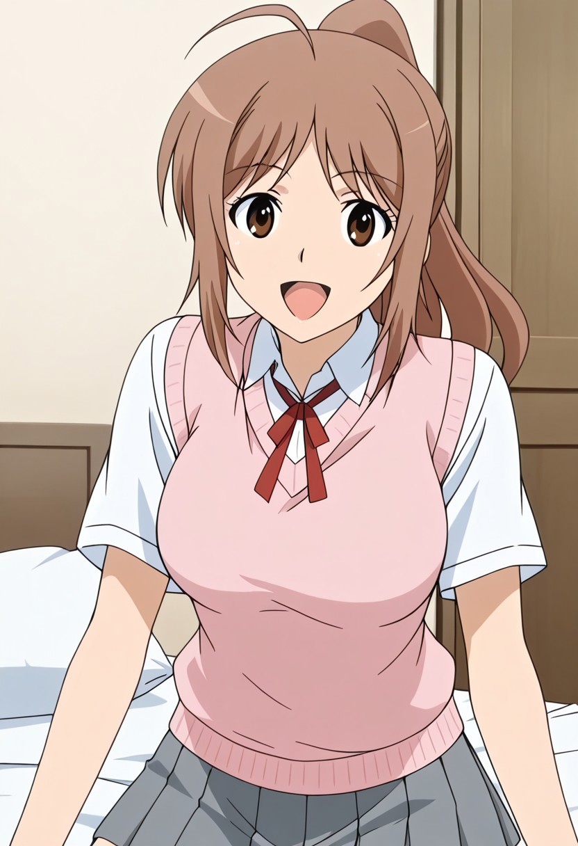 1girl, bedroom, happy, looking at viewer, BREAK, mia ogawa joshikousei no koshitsuki anime style, ponytail, ahoge, sidelocks, long hair, brown hair, brown eyes, large breasts, BREAK, mia ogawa ep6 school outfit, pink sweater vest, dress shirt, collared shirt, white shirt, short sleeves, neck ribbon, red ribbon, pleated skirt, grey skirt,