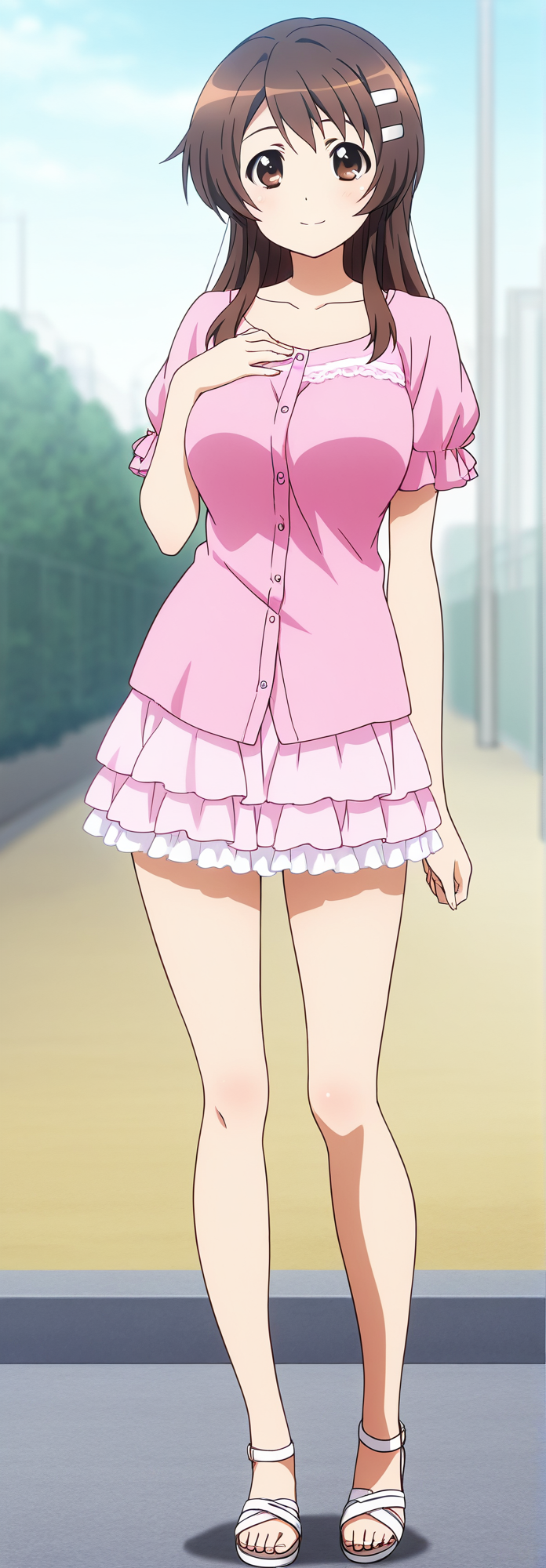 <lora:Niimi_Haruka_PHTKN_Illus:1>niimi haruka, outfit 4, casual outfit, 1girl, solo, long hair, skirt, brown hair, hair ornament, brown eyes, standing, outdoors, hairclip, blurry, legs, contrapposto, collarless shirt, sandals, pink shirt,  Button-Front shirt,  pink dress, 2 layered frilled skirt, pink skirt,  cowboy shot, smile, untucked shirt, young adult, 1girl, looking at viewer, hand on chest, large breast,  full body, mini skirt,