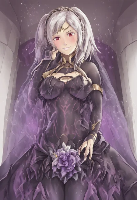 deep_rising_style, <lora:deep_rising_style_1>, ((uncensored:1.5)), robin (fire emblem), white hair, straight hair, red eyes, corruption, black eyeshadow, smirk, two side up, tiara, black dress, cleavage, bridal gauntlets, bodystocking, veil, looking down at viewer, bouquet