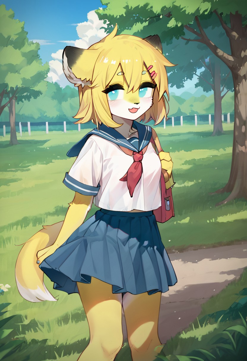 score_9, score_8_up, score_7_up, ultra quality, high resolution, hairclipscanyon, dog girl, furry, yellow fur, blue eyes, animal ears, tail, school uniform, white shirt, blue skirt, hairclip, outdoors, smile, beautiful eyes