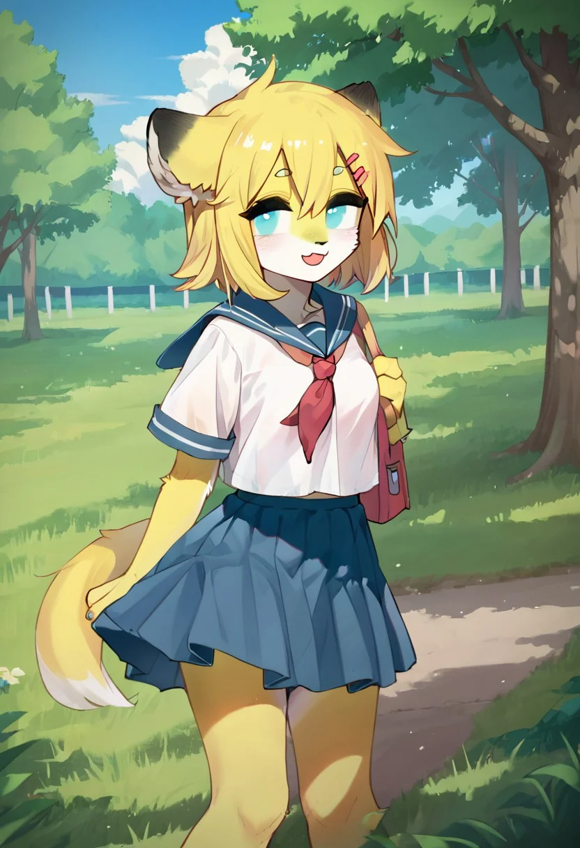 score_9, score_8_up, score_7_up, ultra quality, high resolution, hairclipscanyon, dog girl, furry, yellow fur, blue eyes, animal ears, tail, school uniform, white shirt, blue skirt, hairclip, outdoors, smile, beautiful eyes