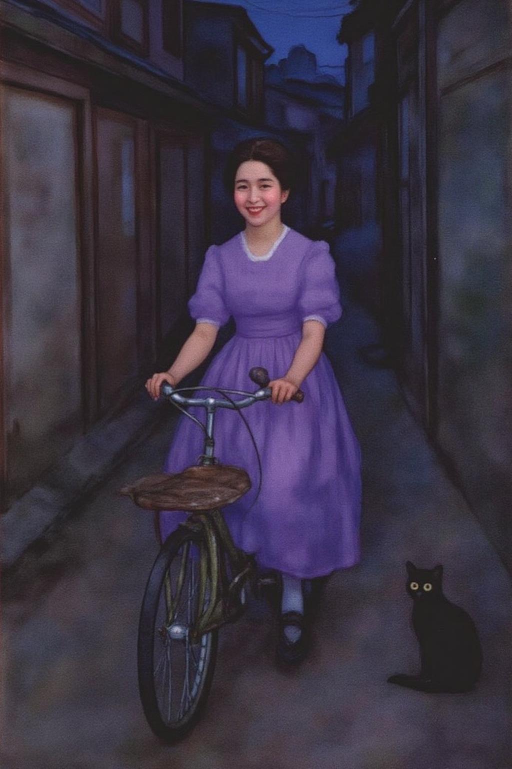 pietmondrian1 painting. 
A Japanese school girl riding a old style bicycle through a narrow, quiet street at night. The happy woman wears a simple, flowing purple dress. In the corner, a small black cat with piercing eyes sits watching her quietly. The mood is tranquil and slightly magical.  <lora:pietmondrian1_cap_d8a4e11:1.0><lora:860680167213787786:0>