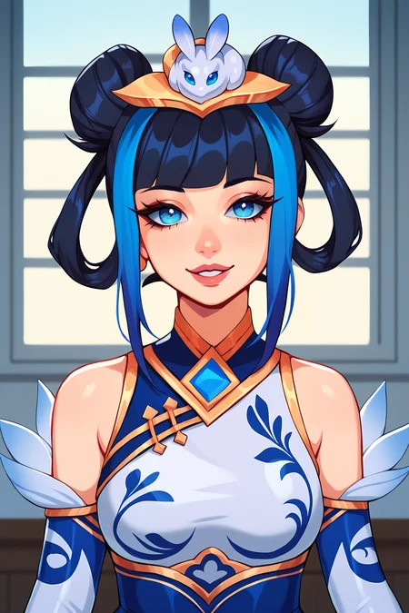 score_9, score_8_up, score_7_up, score_6_up, BREAK, LuxPorcelainXL, blue eyes, black hair, two-tone hair, short hair, blunt bangs, blue sidelocks, double bun, hair rings, hair ornament, medium breasts, white dress, detached sleeves, solo, front view, (portrait, upper body), solo focus, seductive smile, looking at viewer, indoors <lora:LuxPorcelainXL:1>