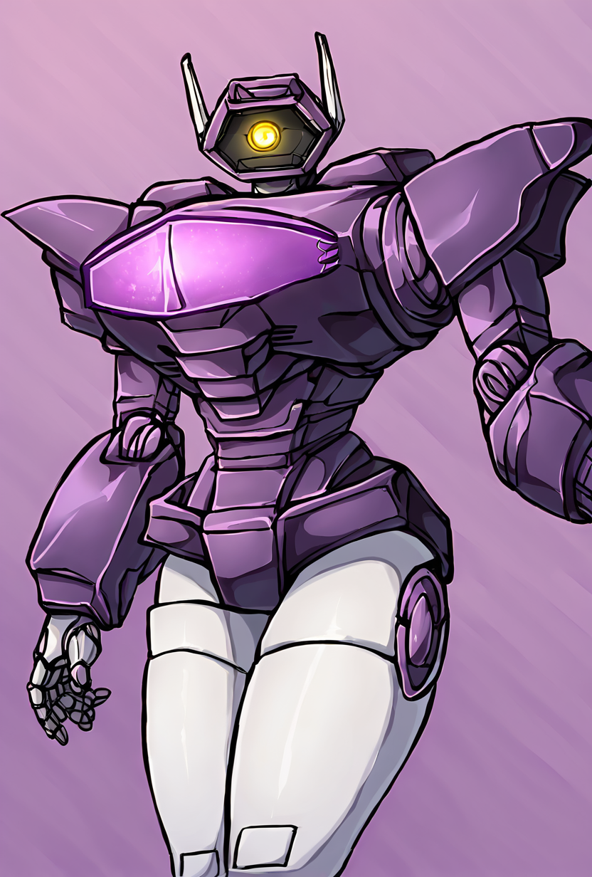 good quality ,, character focus, solo, , best quality , detailed background, <lora:shockwave:1> shockwave, robot,purple mecha, yellow eyes, glowing, one-eyed, simple background, purple background,  upper body, top half, white birders, uneven borders,  ((white thighs, white thigh strips, white thigh socks))
