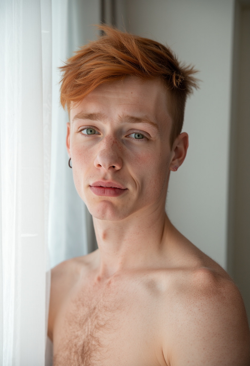 A close-up portrait of a young man with pale skin, short, fiery red hair, and a face covered in freckles. His emerald green eyes look directly into the camera with a gentle, shy expression. He has a slim frame and is shirtless, revealing a light dusting of freckles across his shoulders and collarbones. The photo is taken in soft afternoon light, filtering through sheer white curtains behind him, giving the scene a dreamy, almost ethereal glow. His lips are slightly parted, and he has a small silver hoop in one ear. <lora:AndroCore-1.4:1>