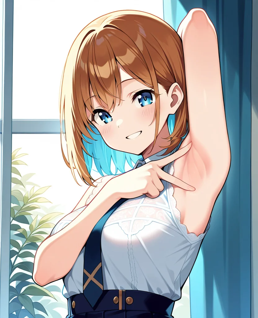 (masterpiece), (best quality), absurdres, intricate details, highres, 1girl, smile, looking looking at viewer, arm behind head, armpits, <lora:Spread_Armpit_ILLUS:0.8> , v, spread armpit, presenting armpit,