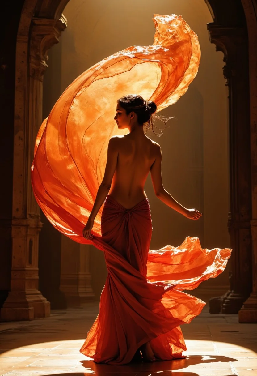 A stunningly beautiful, exotic Middle Eastern princess, Salome, dances the legendary Dance of the Seven Veils alone. Her movements are seductive, wild, hypnotic and unashamedly erotic, her shapely body twisting with graceful intensity. The sheer fabric of her remaining five colorful veils swirls around her as she undulates her flat belly and full hips in an enticing rhythm. She is wearing nothing but the translucent veils, which she throws in the air one after another. Her narrow waist and feminine hourglass figure shimmer with every pulse of the dance. She teases the camera with the thin veils, her allure irresistible. The ancient grand hall pulses with energy as Salome’s daring performance fills the space, the dizzying whirlwind and the dynamic motion of her sensual dance captured in breathtaking, panoramic detail in slightly tilted dynamic angle. The erotic tension is palpable and almost unbearable, TransparentDress