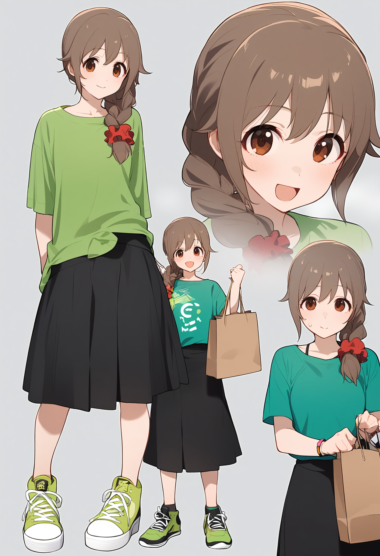 1girl,
senkawa chihiro,


single braid, brown eyes, :d, scrunchie, holding, standing, full body, smile, sweatdrop, shopping bag, looking at viewer, sneakers, long hair, black skirt, bag, hair scrunchie, green shirt, multiple views, blush, green footwear, brown hair, long skirt, open mouth, hair ornament, holding bag, skirt, shirt, pigeon-toed, braid, hair over shoulder, hair between eyes, short sleeves,

sfw
<lora:a31_char_new_senkawa_chihiro-000016:1> <lora:a31_style_koni-000010:0.8>