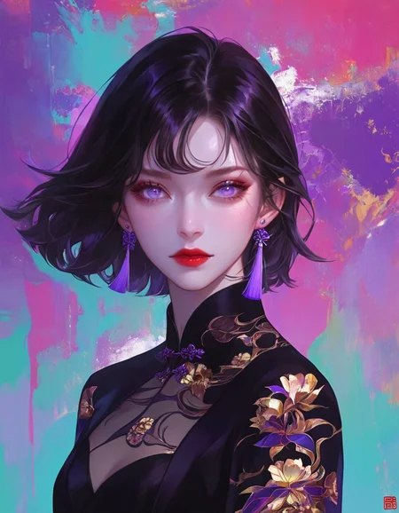 fantastical, ethereal aesthetic,1girl wearing black dress with floral patterns, purple earrings, and looking at the camera with a pensive expression against a colorful, abstract background.
 <lora:fea_xl_v2:1>