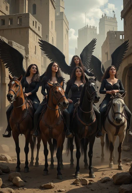 four beautiful women on horses representing the four horsemen of the apocalypse. A dystopian scene as the women ride the horses, dark angelic women,