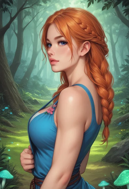 Beauty female shaped woman with intricate details, fit body, cute girl, blue eyes, ginger hair, beautiful princess, thick thighs, petite body, perky breasts, cute face, floral sundress, sandals, long hair, ((ultra detailed beauty faces)), full body, action pose, big brightness blue eyes, with big dagger in hands
Background: A whimsical landscape filled with giant, vibrant mushrooms in various colors. Towering red, blue, and purple mushrooms cast playful shadows. Lush, green moss carpets the ground, dotted with tiny, glowing fairy lights. A sparkling stream winds through the scene, reflecting the colorful mushrooms. In the distance, a mystical forest with twisted, ancient trees adds depth. The air is filled with the scent of earth and the soft hum of magical creatures.
score_7_up, rating_explicit, Expressive, (upper body:1.8), dynamic pose. ((side view))
(((full-clothed))),
<lora:add-detail-xl:1>
<lora:Dynamic Poses:1>