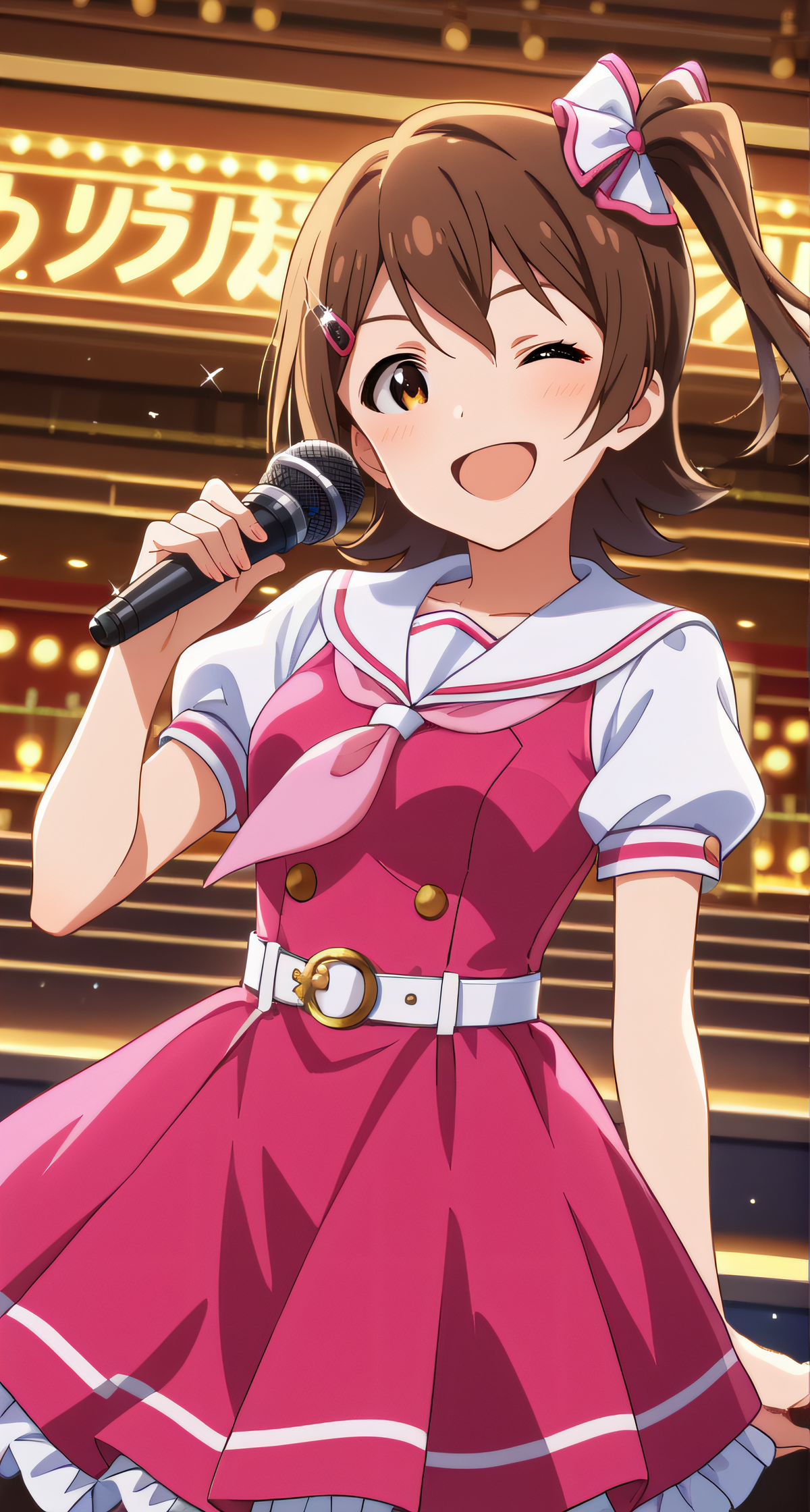 score_9, score_8_up, score_7_up, source_anime, rating_safe, intricate details, anime screencap, official style, anime coloring, 1girl, solo, <lora:Kasuga_Mirai:1>, kasugamirai, brown eyes, brown hair, pink_hair_ribbon, hairpin, idol, white sailor collar, white juliet sleeves, short sleeves, pink dress, pink neckerchief, white belt, frilled dress, one eye closed, holding microphone, looking at viewer, smile, open mouth, cowboy shot, five fingers