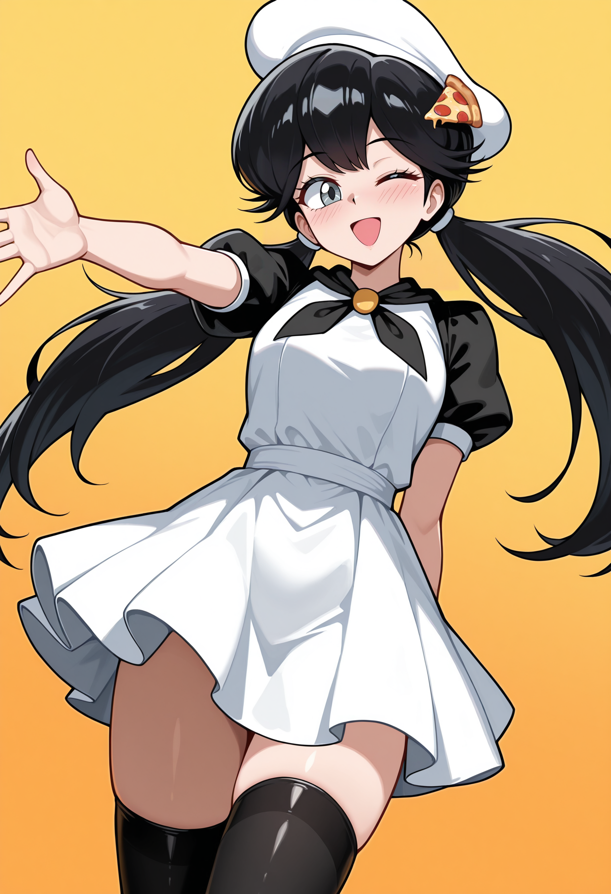 highres, best quality, masterpiece, yellow background, orange background, gradient background, 
1girl, solo, pprmoc, black hair, long hair, low twintails, grey eyes, retro artstyle,
hat, white headwear, pizza slice hair ornament, white dress, black neckerchief, puffy short sleeves, black sleeves, black thighhighs,
looking at viewer, blush, one eye closed, smile, open mouth,
standing, outstretched arm,
<lora:_peppina_ramen_ketrindarkdragon-oc-elesico-ilxlE:1>