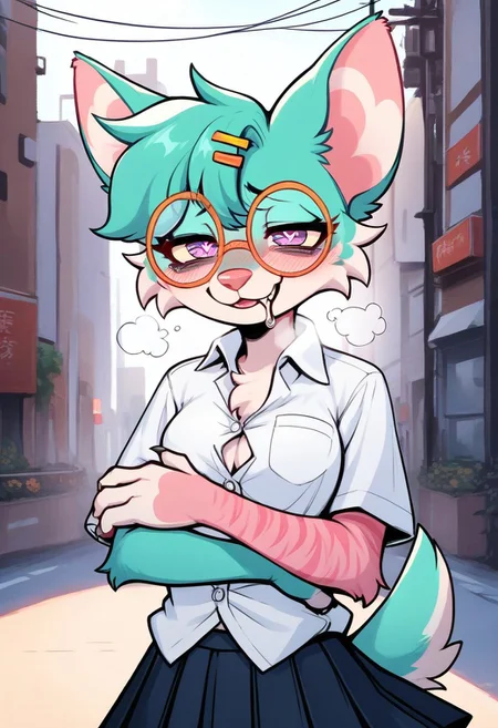 (source_furry, source_cartoon, score_9, score_8_up, score_7_up, score_6_up, score_5_up, score_4_up), BREAK solo, 1girl, furry, berrsea, dog, pink nose, hair tuft, purple eyes, eyelashes, (chimera fur, (left half of body pink fur), right half of body aqua fur, stripes, striped fur), claws, smug, bags under eyes, blushing, steam, parted lips, heavy breathing, perverted look, heart pupils, drool, self hug, orange glasses, round eyewear, hairclips, white button-up shirt, ribbon, pleated skirt, outdoors, urban environment, medium-shot, portrait