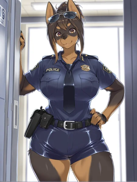 masterpiece, best quality, amazing quality, very aesthetic, high resolution, ultra-detailed, absurdres, newest, scenery, depth of field, scenery, volumetric lighting, by kikurage, dobermann, pinscher, domestic dog, furry, furry female, anthro, 1girl, solo, police, police uniform, uniform, tail, sunglasses, animal ears, eyewear on head, policewoman, hand on hip, snout, dog tail, dog ears, thighs, looking at viewer, shorts, pocket, short sleeves, belt, dog girl, thick thighs, large breasts, cowboy shot, smile
