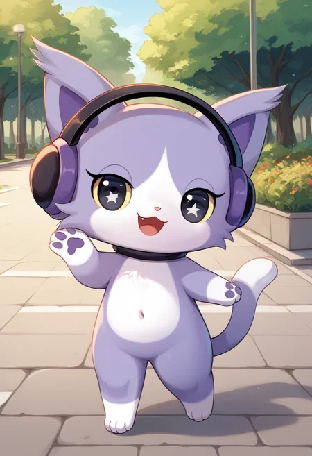 score_9, score_8_up, score_7_up, score_6_up, score_5_up, BREAK
layla, cat, headphones, open mouth, :3, looking at viewer, colored sclera, furry, chibi, feral, park, smile, happy, purple paw print, black eyes
