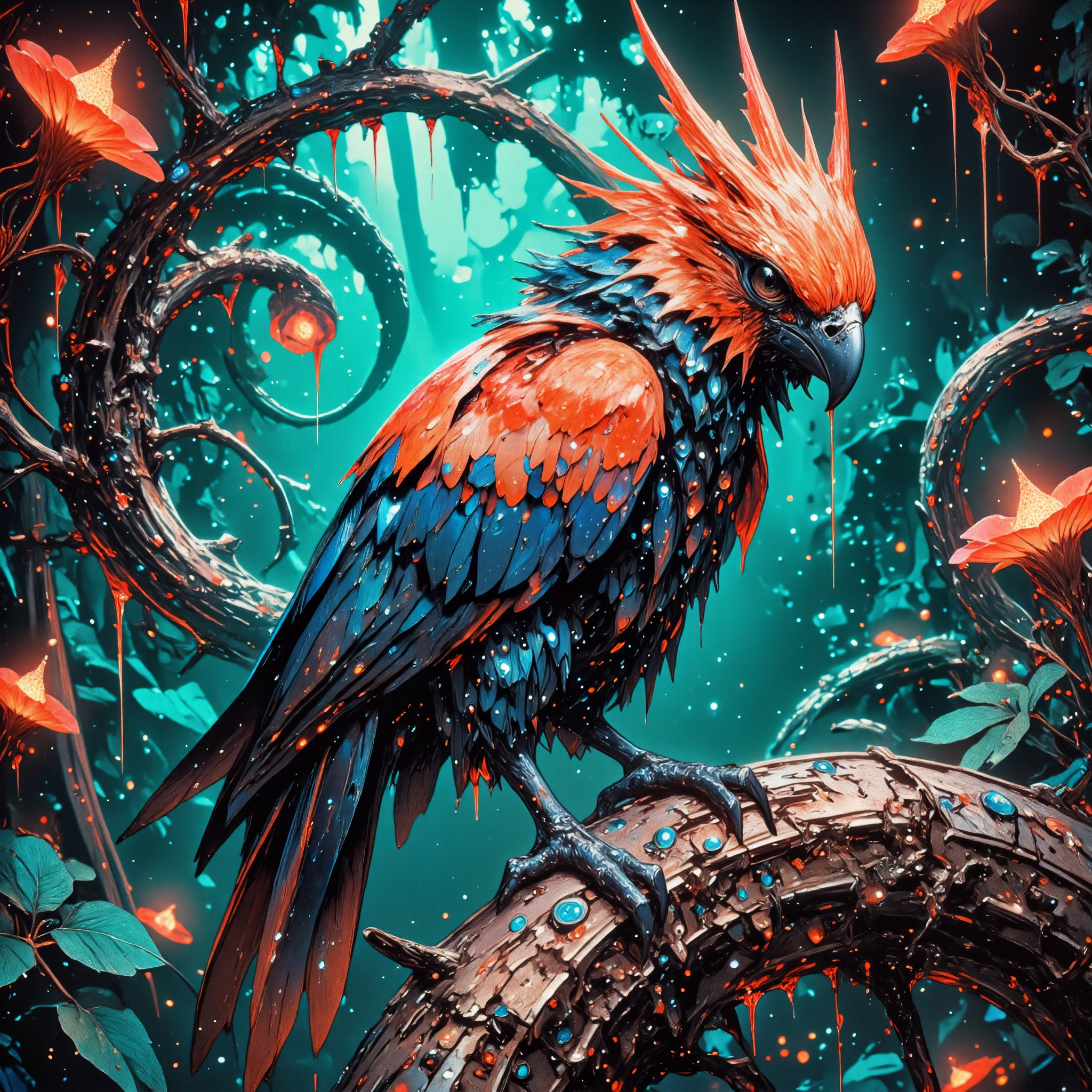 supernatural and otherworldly scenery on a distant planet, very aesthetic, extremely detailed, masterwork, golden ratio, award-winning macro photo, short depth of field, hyper realistic, ultra high definition, bioluminescence, subsurface scattering, the flickering "temporal necroyarbler" is a feathered creature that inhabits the dense, spiraling winklethickets of the surprising world "kirkheim tertius." its vibrant, tri-colored plumage features microscopic crystals that catch the planets teal-hued sunlight, creating a dazzling, prismatic display. the creatures are known for their habit of keydering as they drink from the resiliforged dripping  nectar globules of the ethereal wrinkleflowers. the biome itself is a lush, chaotic sprawl of coiling vegetation that twists and loops in gravity-defying spirals, perfect proportions, detailed expressive eyes, dappled lighting, amanoer, mi2655, an1mel1nes, <lora:style-yoshitaka_amano-elden_ring-flux-by_alicient:0.36> <lora:style-retro_anime-flux-by_lizardman245:0.56> <lora:style-ethereal_dark-midjourney-flux-by_gedogfx:0.28> <lora:style-mythic_fantasy-anime_lines-flux-by_velvets:0.52> <lora:image_enhancer-flux-by_dever:0.6>