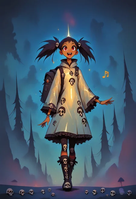 (masterpiece, best quality, high quality, good quality), 1girl, solo, petite, twintails, raincoat, backpack, frilled skirt, rubber boots, blue sky, walking, on cloud, happy, humming, musical note, rainbow, sparkle, sunlight, bird, full body, pastel colors, colorful
,FFAnime Style, slimes_skullwm, made of skulls