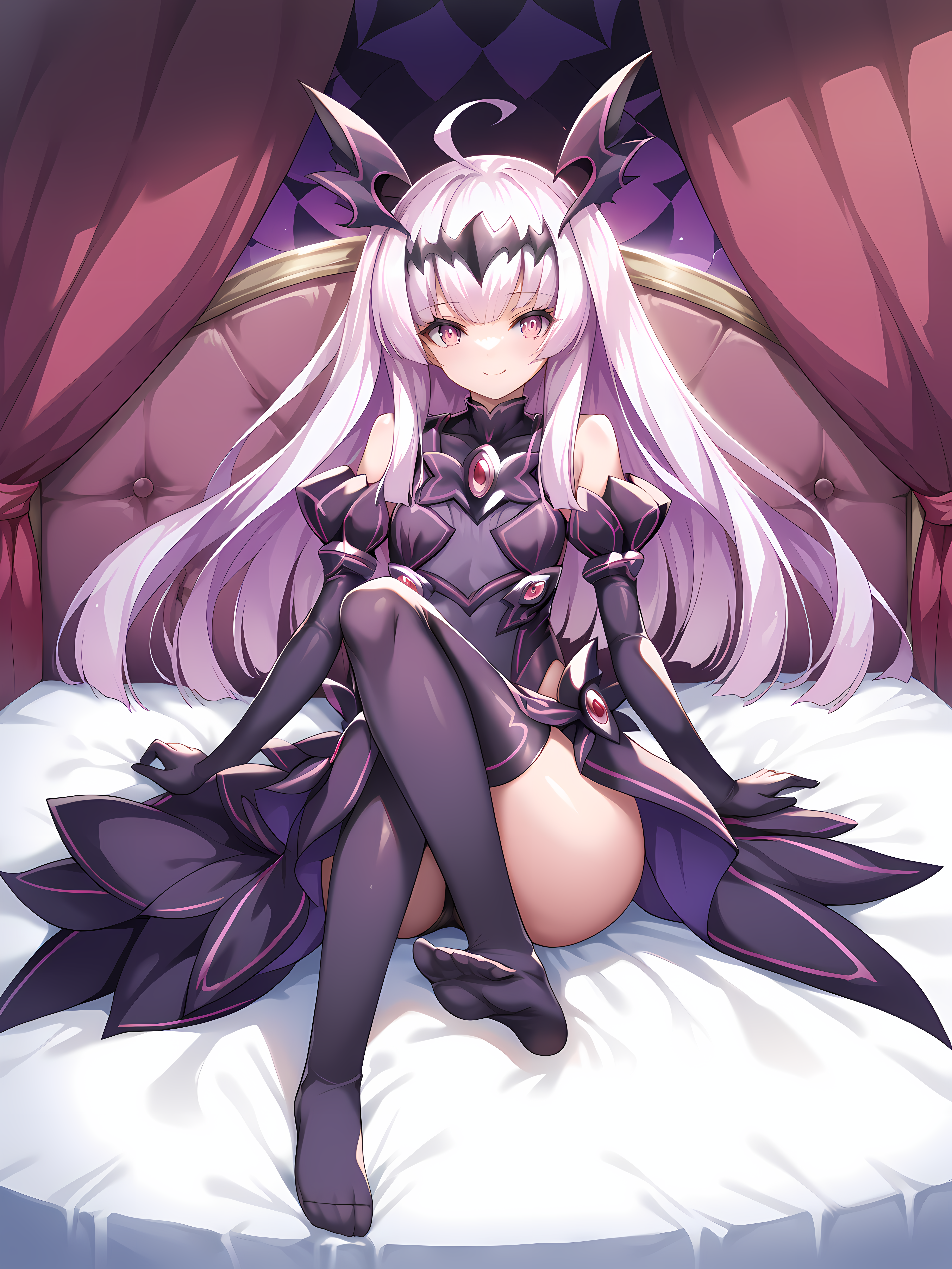<lora:Yuri_Amakubo_-_ExS-TiA_Flora_-_Kouyoku_Senki_ExS-TiA_-_Lusterise:1>,dark flora,dark persona,very long hair,indoors,full body,bedroom,on bed,no shoes,smile,, score_9, score_8_up, score_7_up,source_anime,(masterpiece),(best quality),(ultra-detailed),(best illustration),(best shadow),(absurdres),(detailed background),(very aesthetic),source_anime
