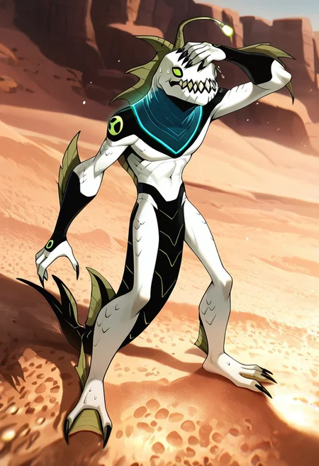 masterpiece, best quality, amazing quality, very aesthetic, absurdres, newest,,
ripjawsov, no humans, sharp teeth, teeth, colored skin, monster, pale skin, angler fish lure, green eyes, small eyes, , monster boy, claws, digimon (creature), fins, , square jaw
pale legs, two toes, webbed legs, in desert, sand dunes, wiping forehead, sweating, blue neck collar, glowing neck collar,