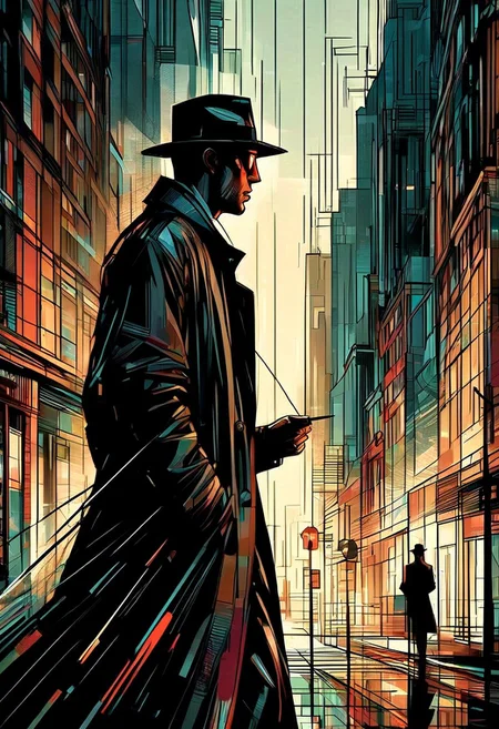 A hard-boiled noir detective in a fedora and trench coat stands under a streetlight on a rainy city street, smoke from a cigarette curling around him. Art Deco buildings, shadows, reflections, extreme close-up, portrait, moody lighting.