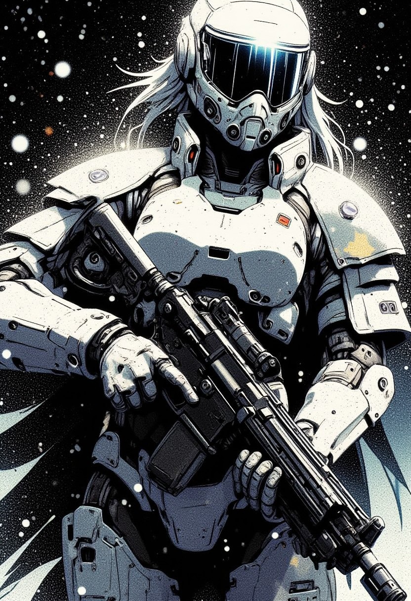 mad-cbrpnksplshrt, silhouette art, chiascuro, female space marine in white and grey camouflage armour, helmet with a clear visor reflecting light, hyperdetailed helmet, holding an assault rifle, abstract background suggesting a blizzard, falling snow, in a dark night