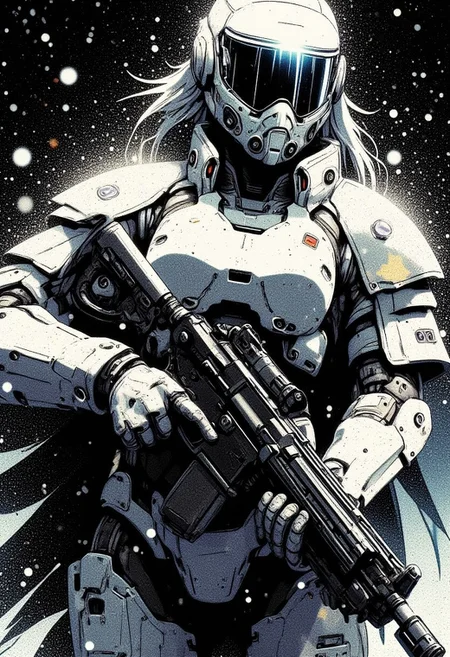 mad-cbrpnksplshrt, silhouette art, chiascuro, female space marine in white and grey camouflage armour, helmet with a clear visor reflecting light, hyperdetailed helmet, holding an assault rifle, abstract background suggesting a blizzard, falling snow, in a dark night