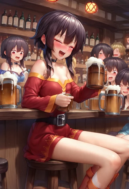 score_9, score_8_up, score_7_up, 1girl, Megumin, sitting, bar, beer, mug, drunk, laughing, aki99P