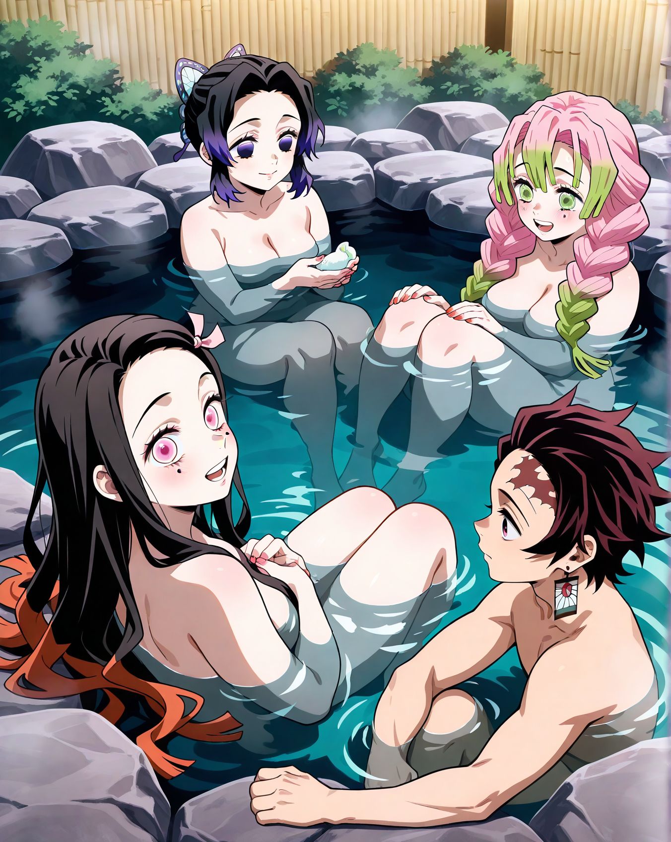 <lora:add-detail-xl:0.5>,masterpiece,best quality,anime coloring,anime screenshot,
<lora:Mixed_bathing:0.5>,Mixed_bathingV1,
multiple girls,mixed bathing,
1boy,partially submerged,
water,nude,bathing,  onsen,
BREAK
kochou shinobu, 
kamado nezuko, 
Kanroji Mitsuri \(kimetsu no yaiba\),
kamado tanjirou,  
kimetsu no yaiba,  official art, 
20YO, adult couple, milf,
