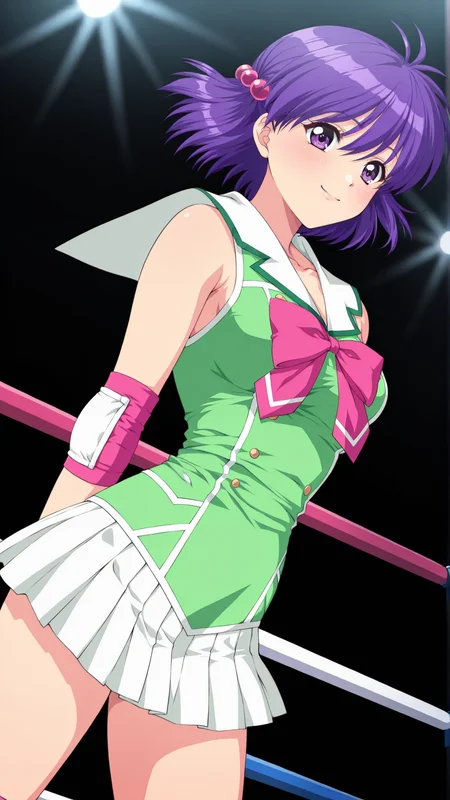 masterpiece, best quality, anime coloring, wrestling ring
1girl,solo, smile
<lora:Chigusa-Yuuki_lL_v01:1> chigusa-yuuki, pleated white skirt, sleeveless, green costume, big collar, pink bowtie,