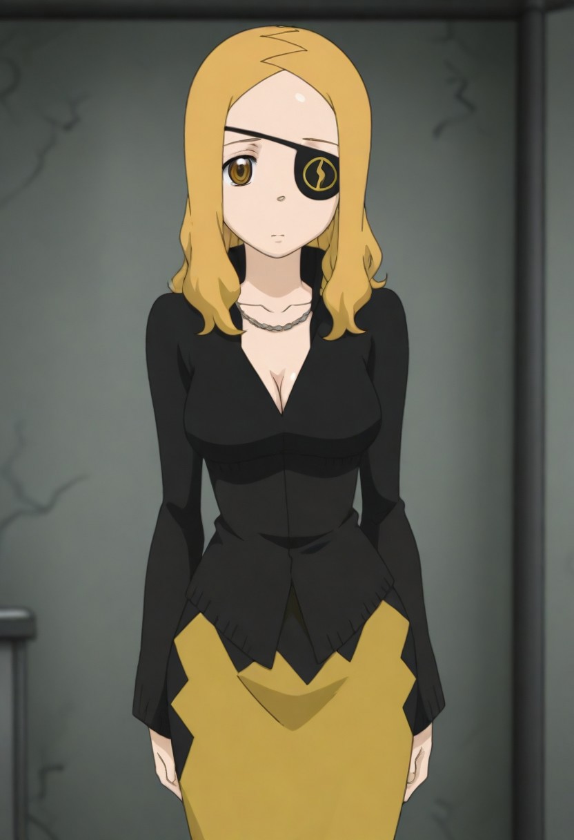 masterpiece, best quality, amazing quality, 1girl, solo,,, shiny skin,,,<lora:Marie_Mjolnir:1>mmjolnir, blonde hair, long hair, brown eyes, right eyepatch,, cleavage, necklace, black dress , gold skirt, long skirt, long sleeves, jewelry,