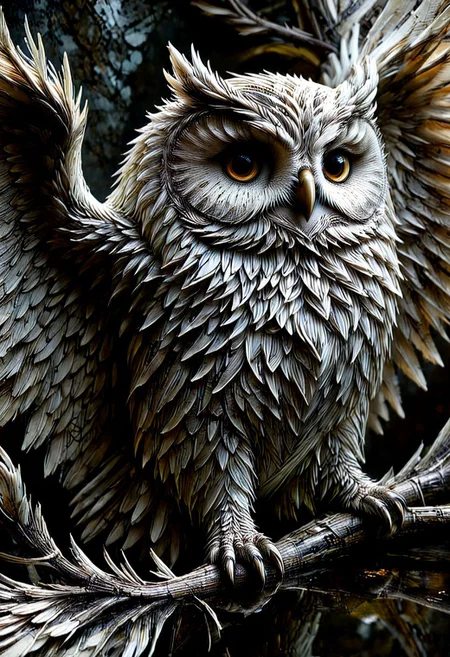 majestic owl figure,
crystalstexture skin,(extremely delicate and beautiful), highly detailed, WhiteMold, art style, 3d printed mold, 
intricate details, dramatic composition, contrast, texture, high quality, stunning art, detailed, outlines, 
ScribbleRay, doodle, sketch, black and white, messy, dirty, hard lines, (scribble:1.5),
background is cozy room,