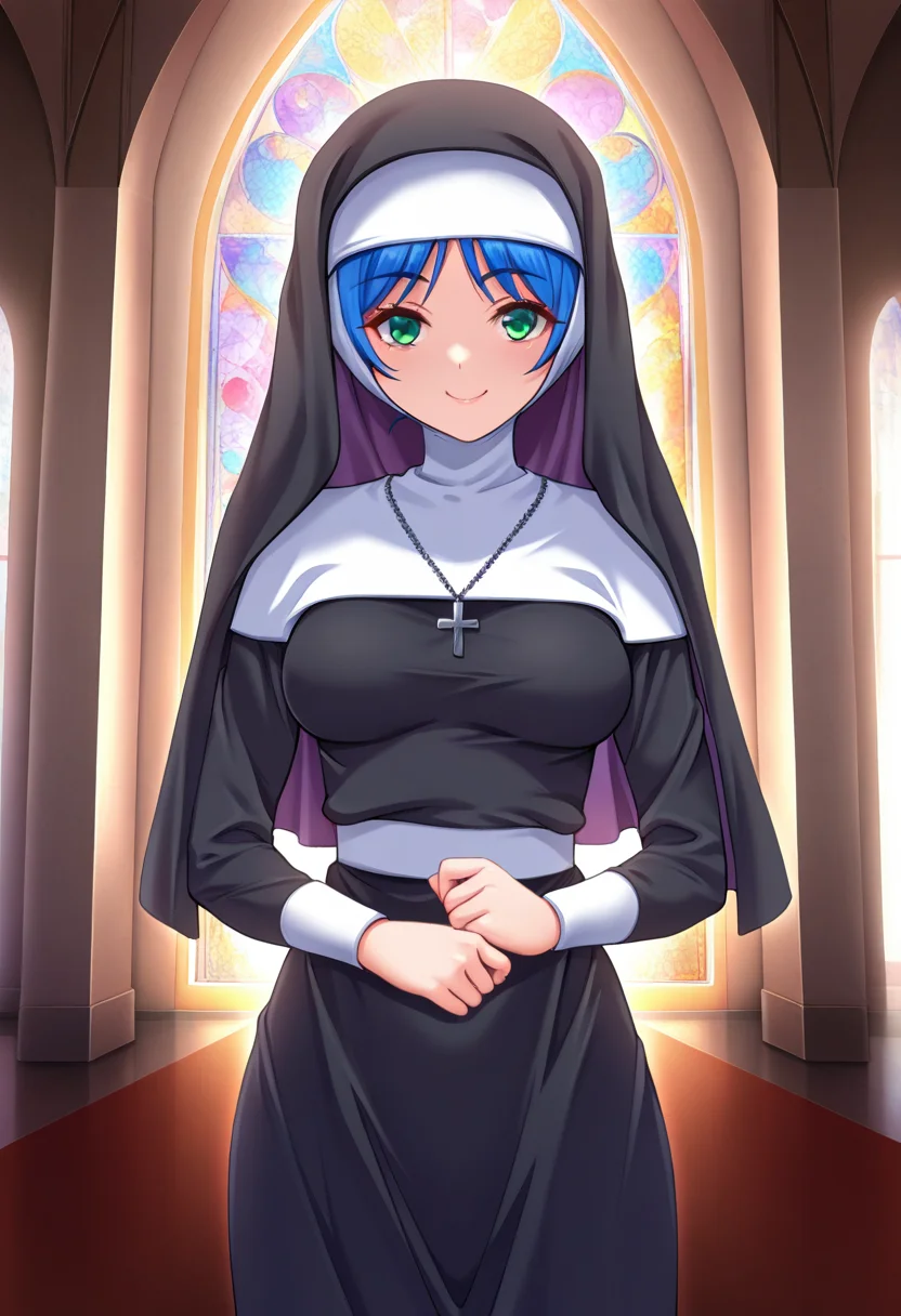 masterpiece, best quality, amazing quality, 1girl, solo, cowboy shot, sanaeww, green eyes, blue hair, short hair, medium breasts, nun, traditional nun, habit, cross necklace, looking at viewer, smile, indoors, day, skindentation, detailed clothing folds, depth of field, sharp, high contrast, dynamic light <lora:Kirishima_Sanae_Yoridori_ill:0.8>