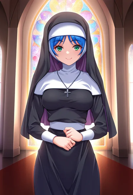 masterpiece, best quality, amazing quality, 1girl, solo, cowboy shot, sanaeww, green eyes, blue hair, short hair, medium breasts, nun, traditional nun, habit, cross necklace, looking at viewer, smile, indoors, day, skindentation, detailed clothing folds, depth of field, sharp, high contrast, dynamic light <lora:Kirishima_Sanae_Yoridori_ill:0.8>
