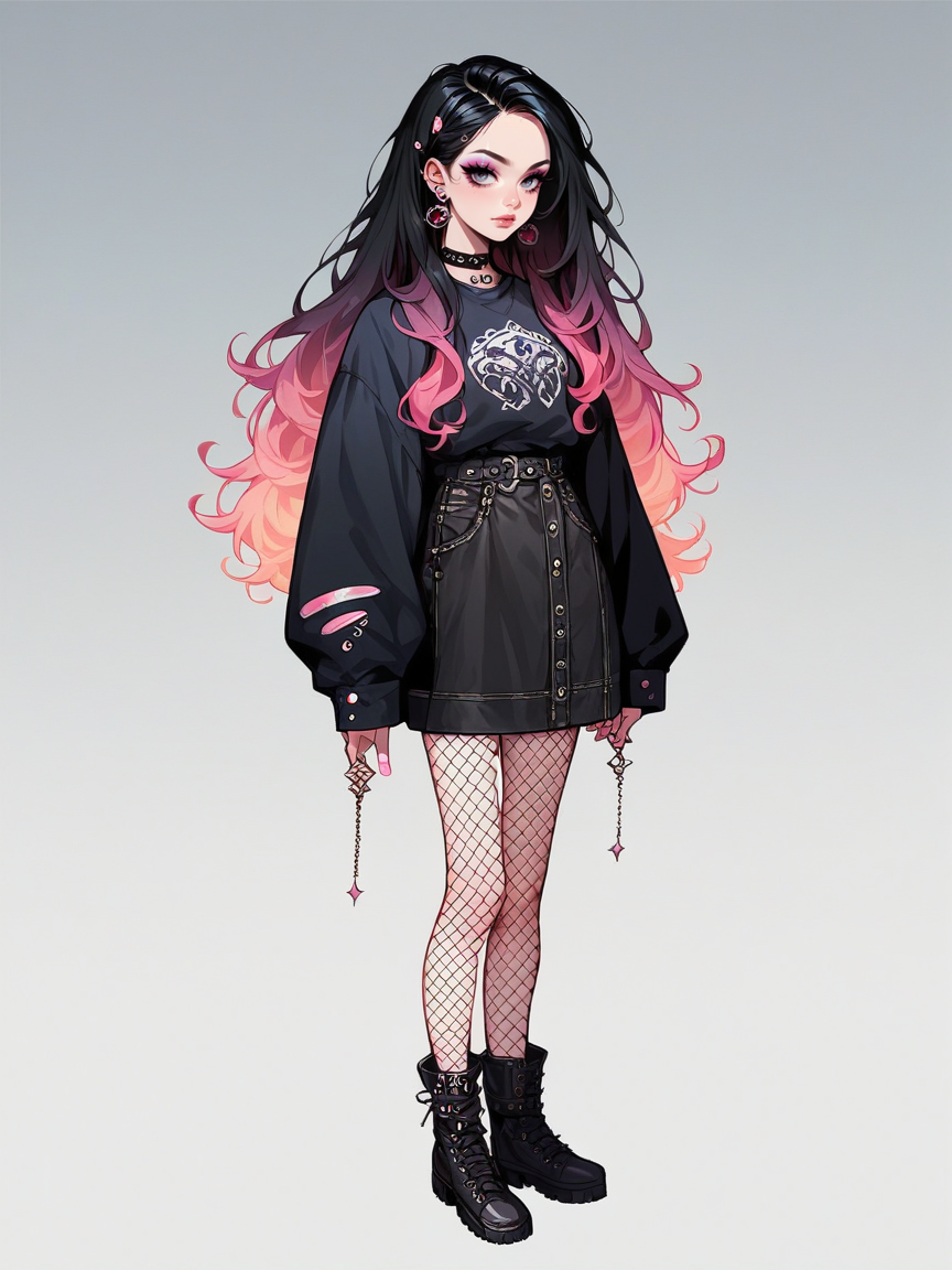 source_anime, score_9, score_8_up, score_7_up, score_6_up, score_5_up, <lora:egirlXLP:0.8> egirl, 1girl, solo, makeup, black hair, gradient hair, ear piercing, eyeshadow, fishnet pantyhose, full body, blue, pink, white