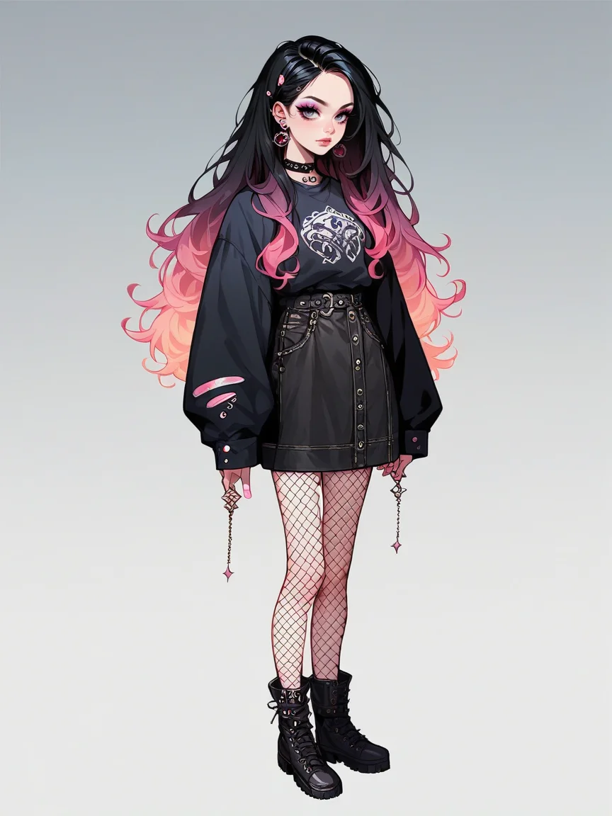 source_anime, score_9, score_8_up, score_7_up, score_6_up, score_5_up, <lora:egirlXLP:0.8> egirl, 1girl, solo, makeup, black hair, gradient hair, ear piercing, eyeshadow, fishnet pantyhose, full body, blue, pink, white