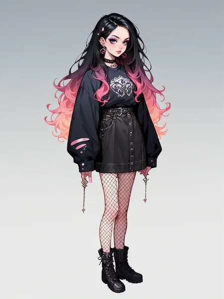 source_anime, score_9, score_8_up, score_7_up, score_6_up, score_5_up, <lora:egirlXLP:0.8> egirl, 1girl, solo, makeup, black hair, gradient hair, ear piercing, eyeshadow, fishnet pantyhose, full body, blue, pink, white