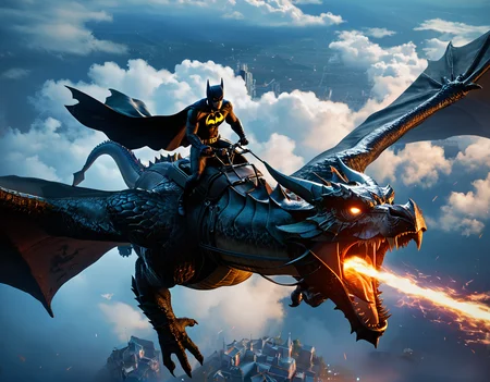 score_9, score_8_up, score_7_up, batman riding a huge black dragon, sky, flying, <lora:dragonriderpxl:0.5>, dragonriderpxl, motion, action shot, best quality, masterpiece, above the clouds, above Gotham city, 3d, game cg, cape, cowl, black suit, mask, gothic city, dark, nighttime, night sky,