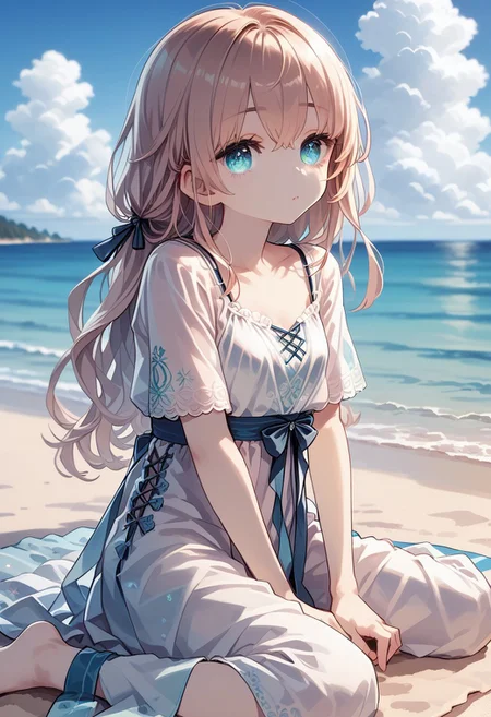 score_9, score_8_up, score_7_up, 1girl, solo, DeadflowP, best quality, masterpiece, (high gradient eyes:1.2), (best illumination, best shadow, masterpiece, high quality), colorful, lively, summer feel, many bright colors, beautiful woman with light summer clothes, loose hair, sitting on a beach with crystal clear water and white sand, bright blue sky