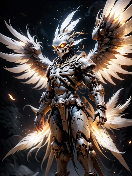 (Mecha:0.3) Skeletal fire infused (raven:1.3) flies through the night sky, behind it scatter (trypophobic feathers:1.4), druidic style magic