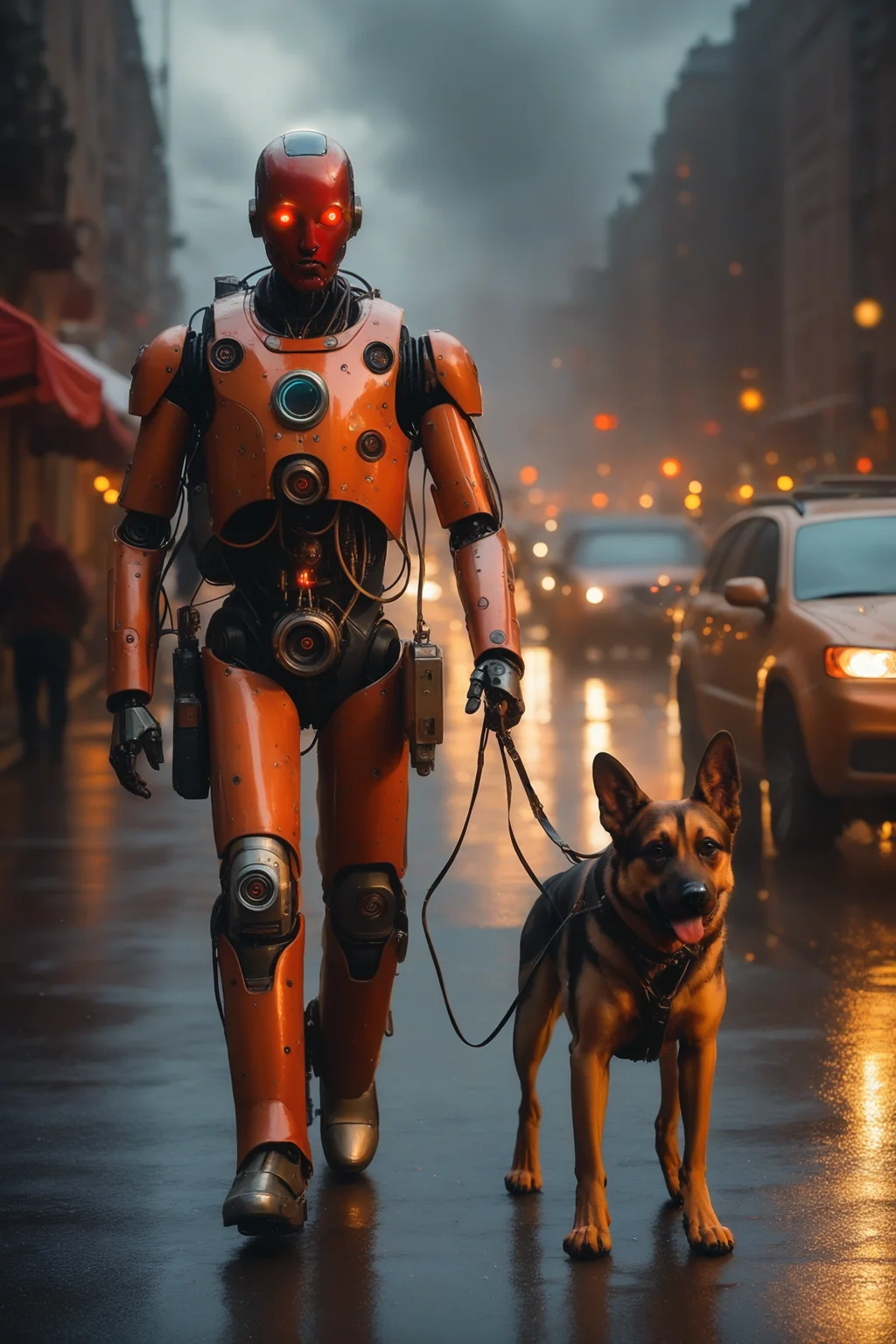 score_9, score_8_up, source_photo, rating_safe, raw image, absurdres, hyperrealistic photography, front view, cowboy shot, (a red robot walking the family dog), realistic robot with metal skin and a cyclops camera eye, (holding the dog's leash in one hand), detailed hands, metal boots, a realistic German Shepherd walking, hard rain, rain falling, low visibility, lonely figure, sad, silhouette, exterior, crowded futuristic city street, sci fi cars, detailed background, sunset, steam plume, orange glow, cloud of sparks, reelmech, mechanical parts, cable, machinery, joints, body suit, studio lighting, rim lighting, depth of field, masterpiece <lora:Reelmech_pony_ed_v1_3:1.0> <lora:add-detail-xl:3>