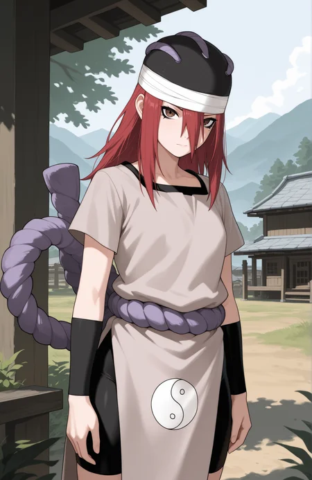 masterpiece, best quality, crsdrrm, red hair, long bangs, hair between eyes, long hair, black eyeliner, brown eyes, black hat, bandaged head, grey tunic, shimenawa, bracer, bike shorts, short sleeves, hat ornament, yin yang print, 1girl, solo, outdoors, standing, village, looking at viewer, arms at sides, <lora:Tayuya IXL6:1>