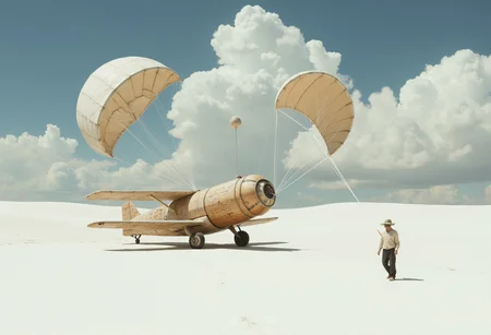 white desert, white dunes, white sand, wooden airplan, two large kites pull him forward, black cumulus clouds, movement, expression, surrealism, sci-fi, unreal world, hyper-detailed