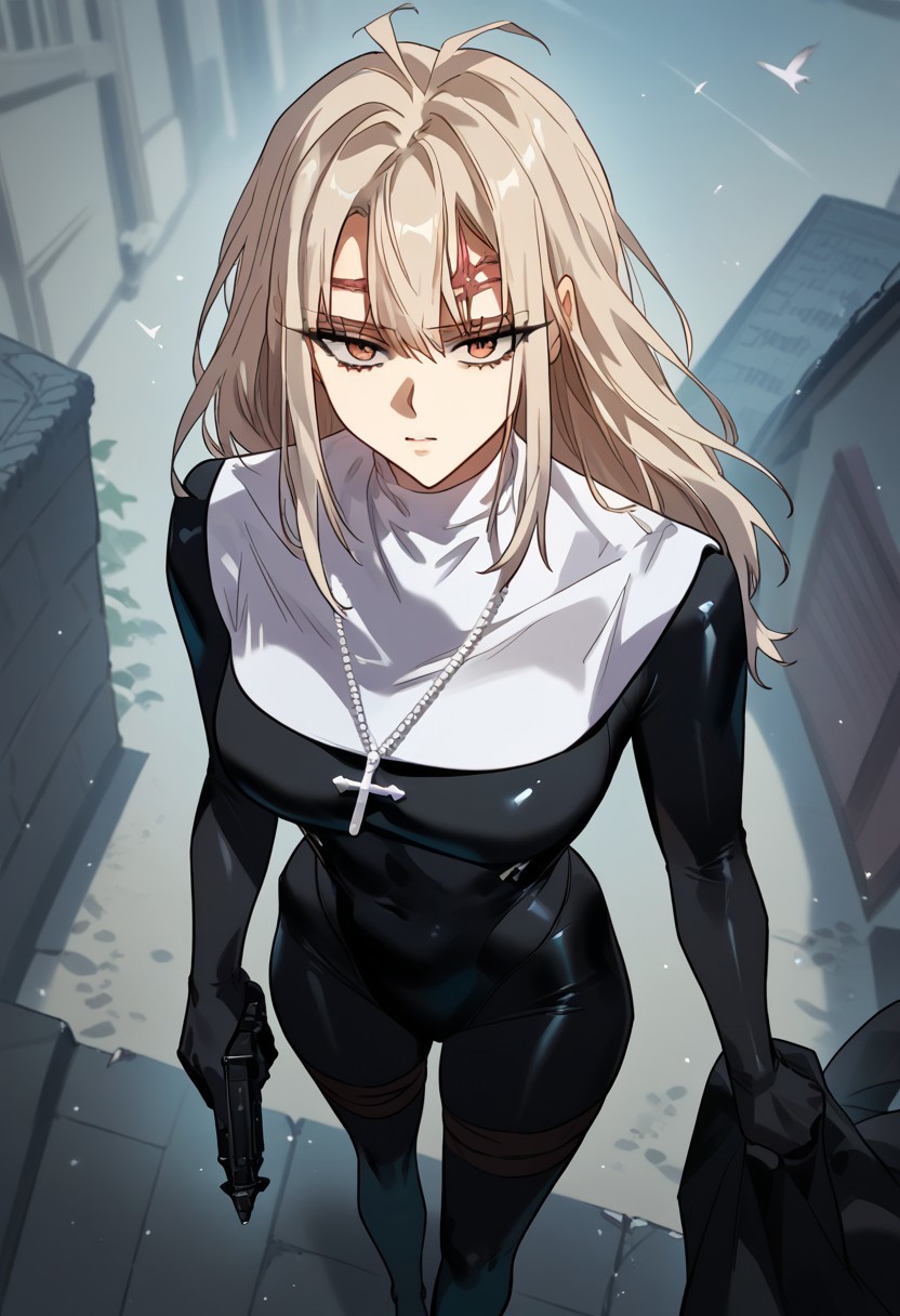 zPDXL3, score_9_up, score_8_up, score_7_up, (Anime_source), 1girl, Rachel, scar on head, brown eyes, light blonde hair, long hair, Black bodysuit, nun, holding gun, cowboy shot, from above, dutch angle, looking at viewer, standing on roof, particles, birds