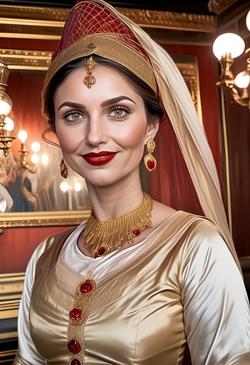 breasts shot,( life-like skin texture:1.5), realistic skin, (18th century:1.5), Europe, (victorian times), beautiful and mature, Tall, Strong, perfect face, Experienced middle-aged Empress, tradition ethnic Black royal clothes, covered hair, expensive fabric, photorealistic, realistic, extreme realism, (masterpiece, photorealistic), dappled sunlight, studio lighting, imperfections skin, probes, (photorealistic:1.6), <lora:add_detail:0.8>, medieval queen, royal banquets, female guards, include masques (a form of courtly entertainment with dancing, acting, and elaborate costumes), feasts, and balls. Gowns and Kirtles: Women wore long, flowing gowns made of luxurious silk, dressed sexy and attractive, (Empire waists:1.5), (white hair:1.5),( red lips:1.5),( subtle evil smile:1.5), white teeth
2girls,
(50 years old:1.5), 
1boy,
slave boy,
milfs,
moms,
(busty:1.3), 
(Horny:1.3), 
orgasm face, 
grannies, 
married, 
cheating, 
Mistress, 
French Queen medieval,
Empress, 
(determined look:1.5), 
(brave:1.5),
dominant presence, 
orgasm face, 
shocked, 
traditional 1650 royal outfit,
Powerful women, 
long legs, 
exposed legs, 
sexy legs, 
bustle dress, 1woman, loose pants, harem_pants, see-through, silk, tight-fitting shirt, impossible shirt, large breasts, long hair, loose_scarf, head_scarf, jewelry, , giga_busty