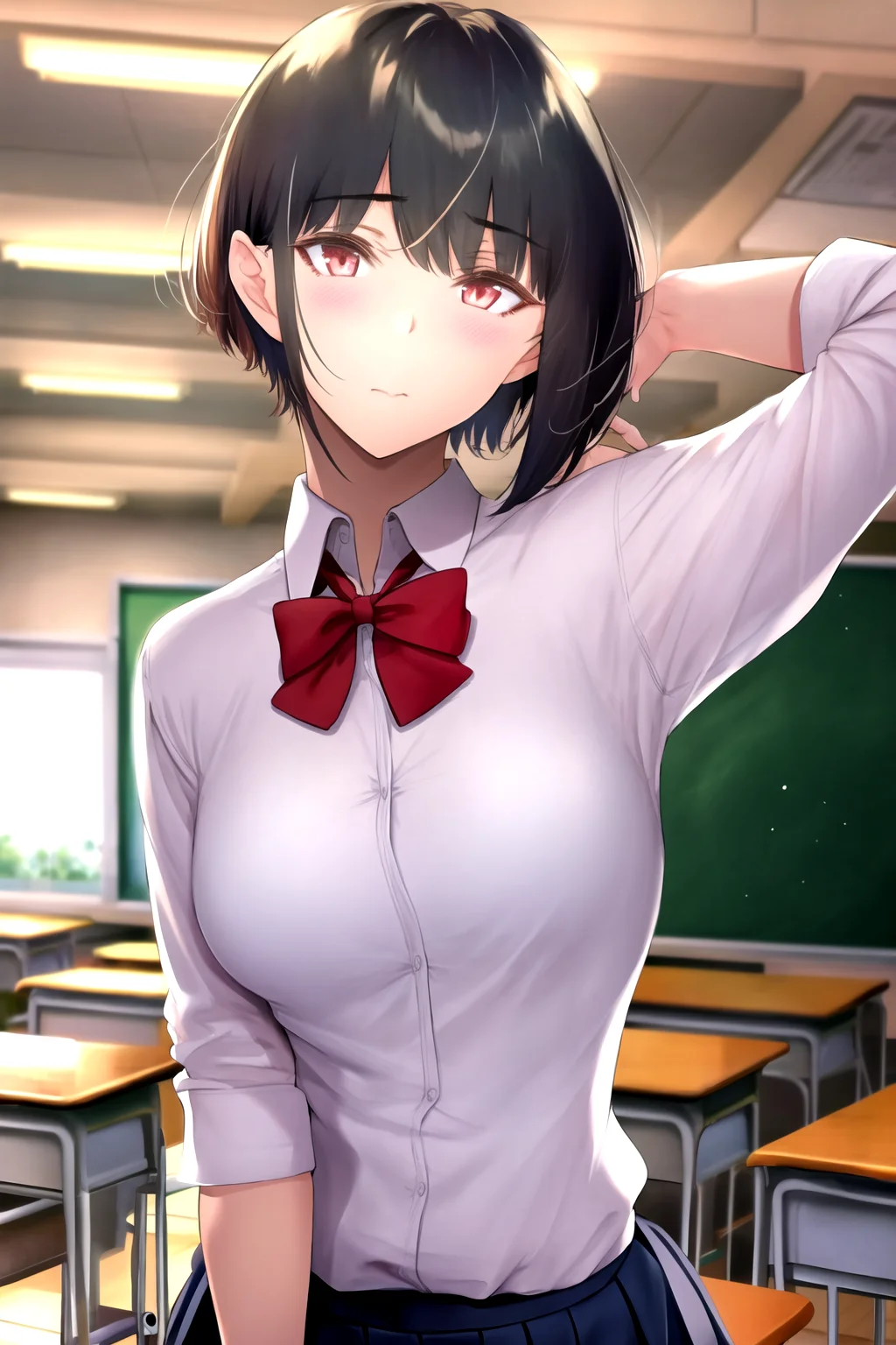 masterpiece, best quality, 1girl, arm behind head, arm up, bangs, black hair, blush, red bowtie, closed mouth, collared shirt, school uniform, short hair, indoors, looking at viewer, school desk, classroom background <lora:Gentsuki:1>